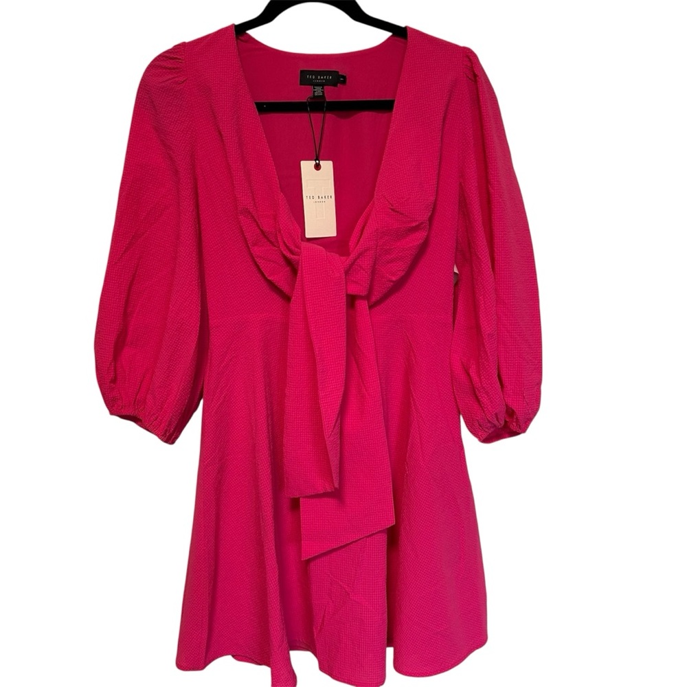 Chic Ted Baker Pink Jocelyn Seersucker Tie Front Mini Dress US size 4 NWT - Picture 2 of 10